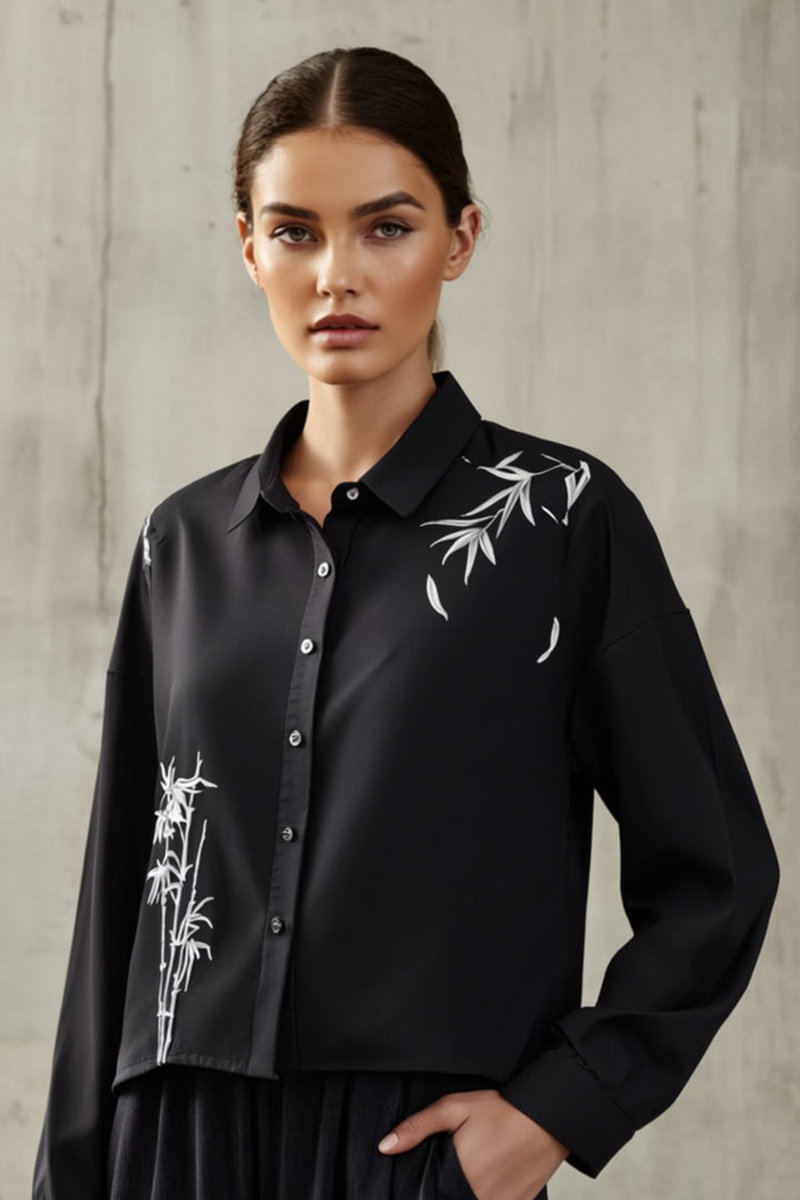 Black Cotton Shirt With Bamboo Embroidery