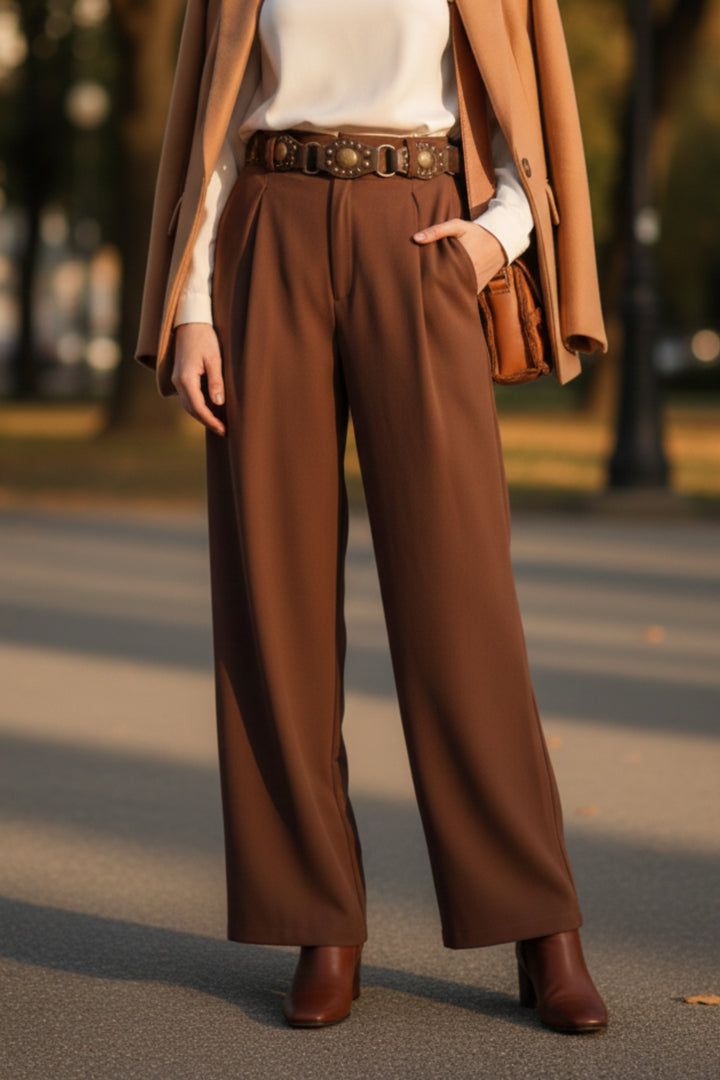 Brown Pants with Inverted Pleats