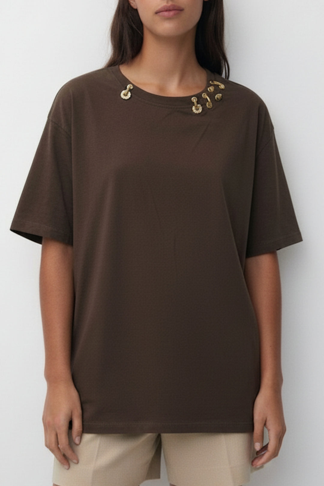 Mocha Gold Link Neck Detail T-Shirt