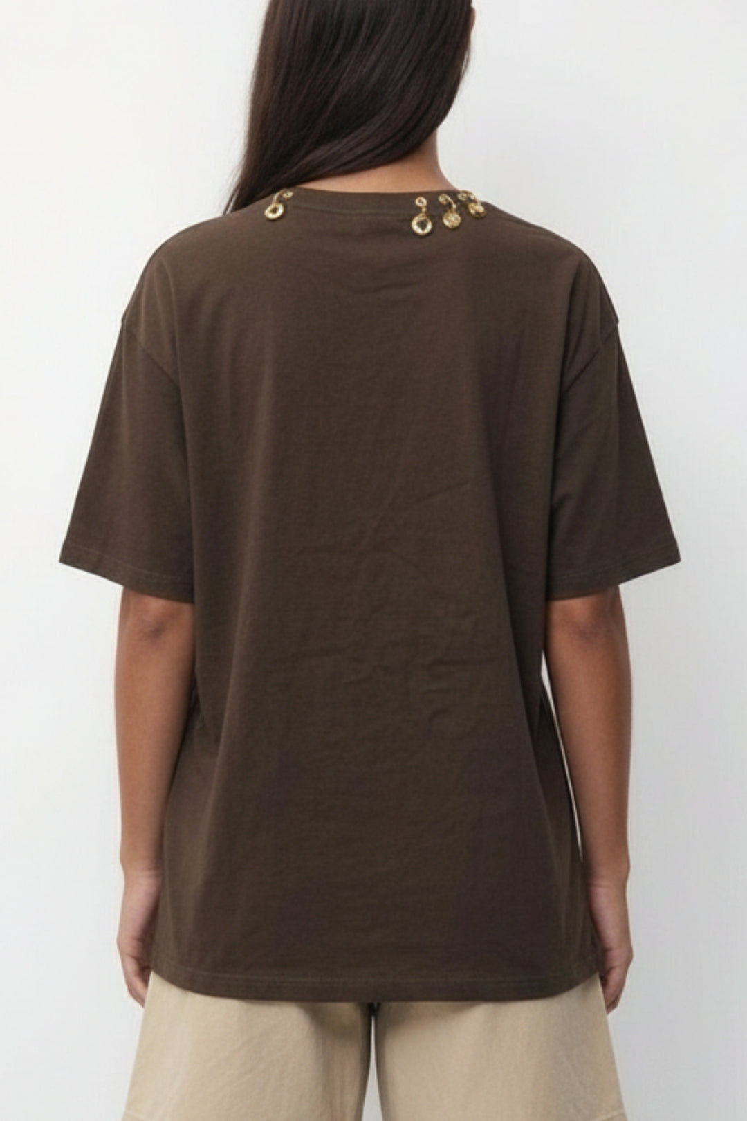 Mocha Gold Link Neck Detail T-Shirt