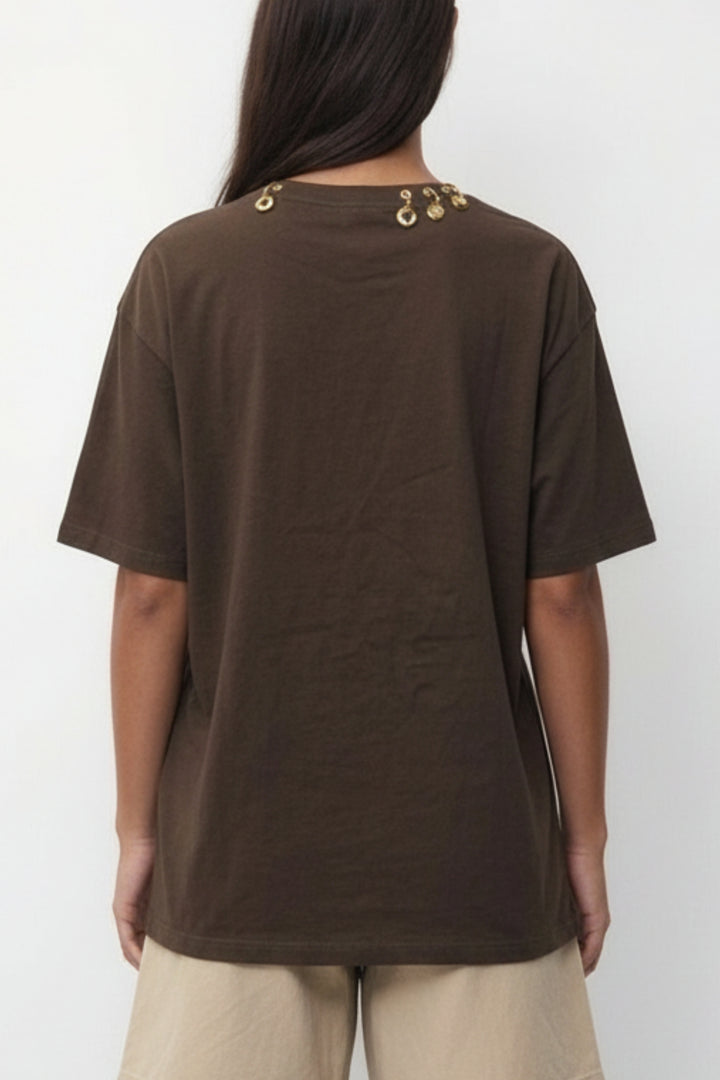 Mocha Gold Link Neck Detail T-Shirt
