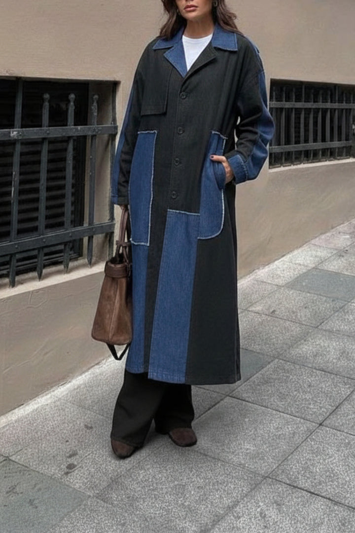 Patchwork Denim Long Trench Coat