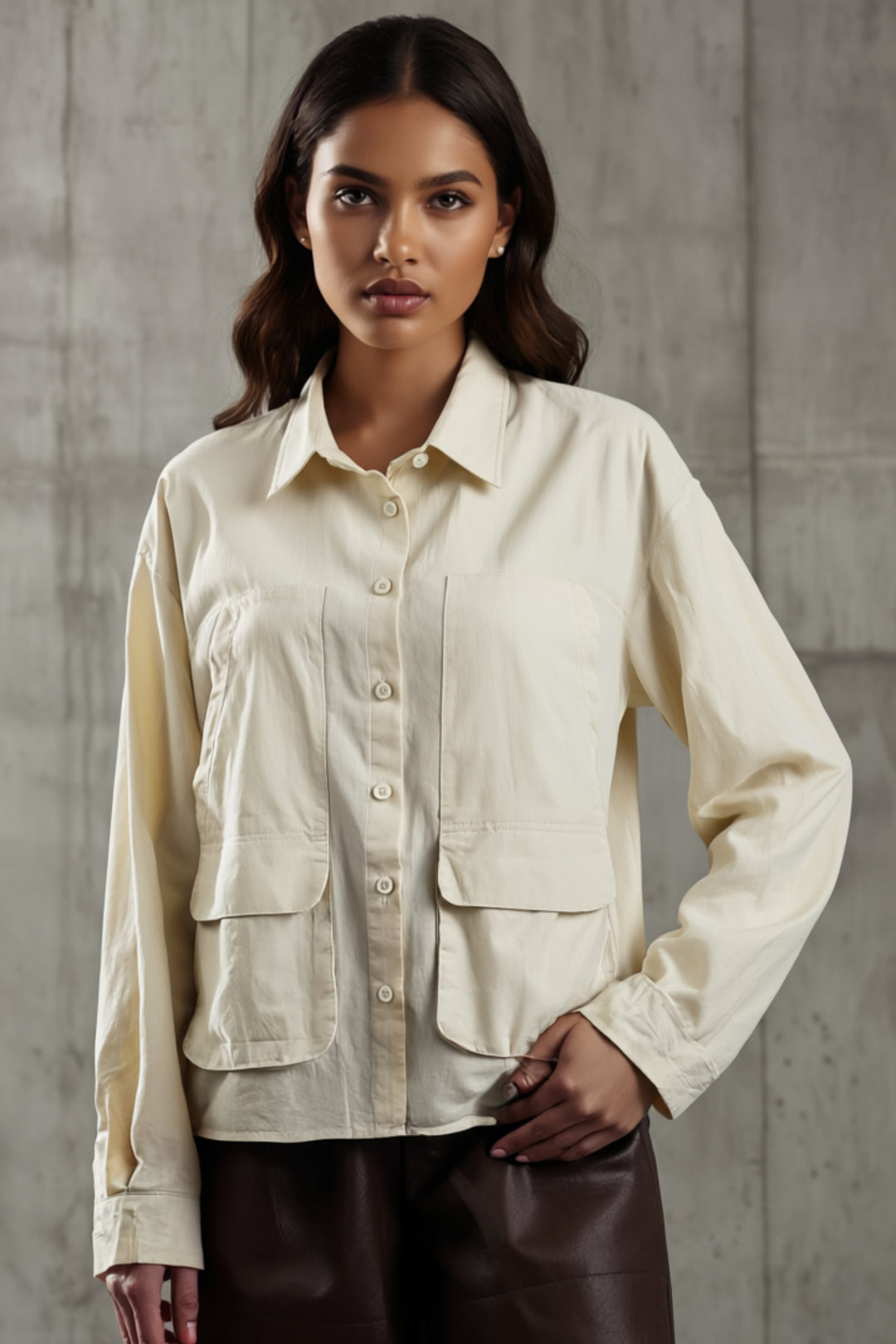 Cream Cotton Shirt With Patch Pockets