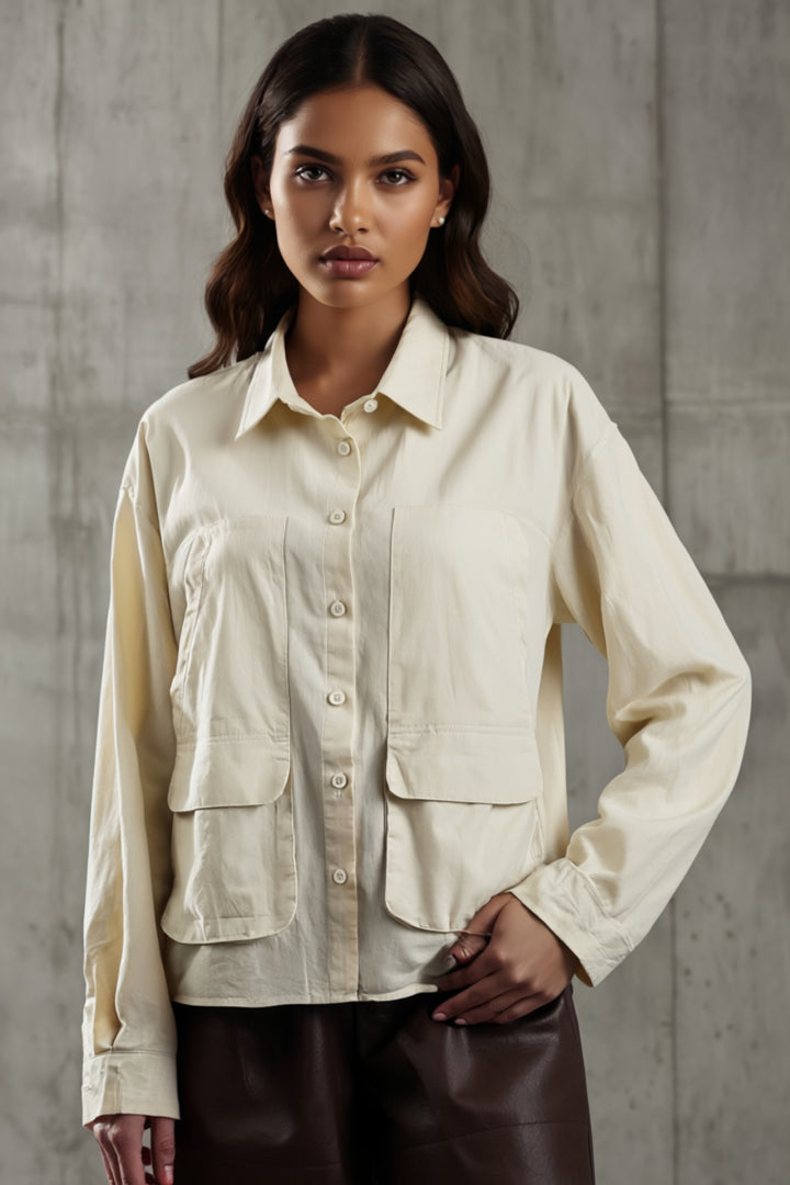 Cream Cotton Shirt With Patch Pockets