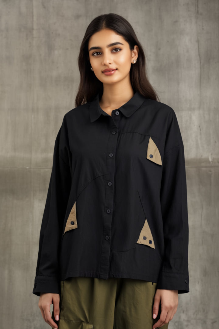 Cotton Black Shirt With Olive Flaps