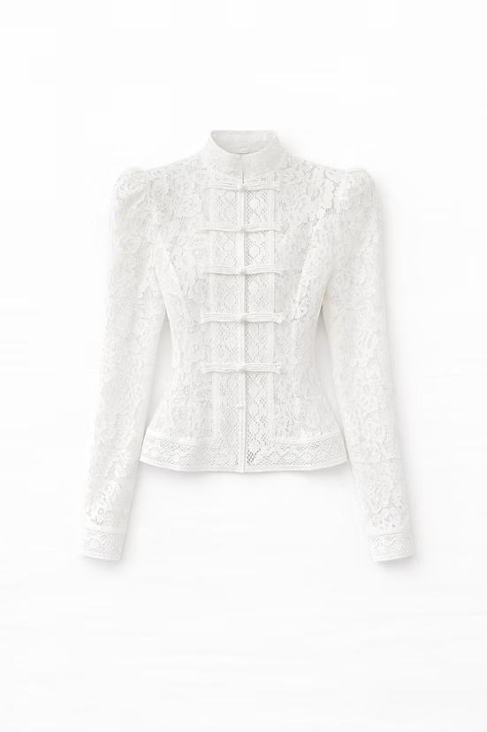  White Mandarin Collar Lace Shirt for Women 