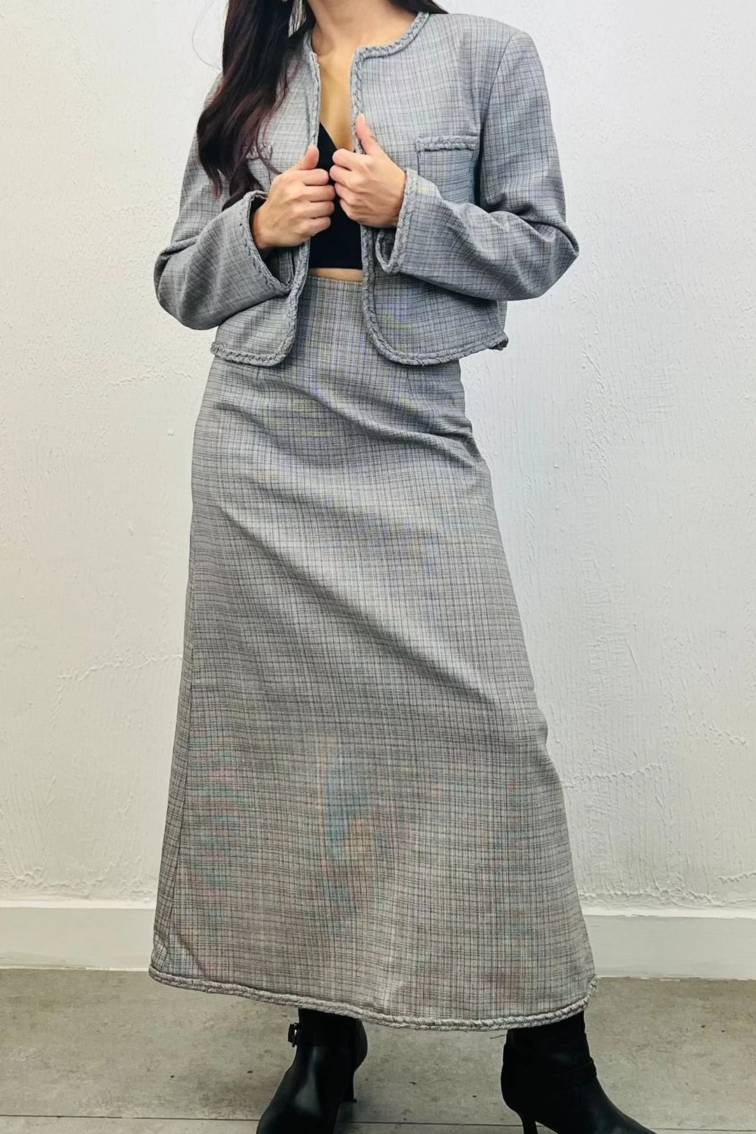 Woven Grey Skirt and Jacket Set