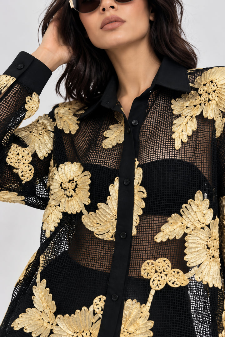 black mesh shirt with Floral
