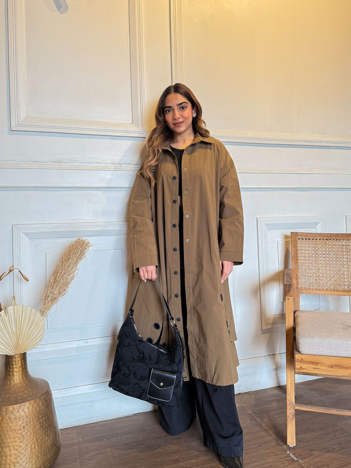 Brown Textured Eyelet Streetwear Trench Coat