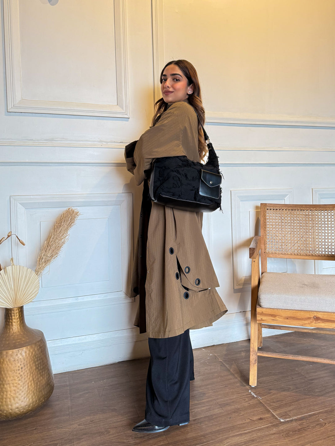 Brown Textured Eyelet Streetwear Trench Coat