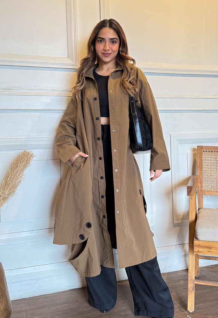 Brown Textured Eyelet Streetwear Trench Coat