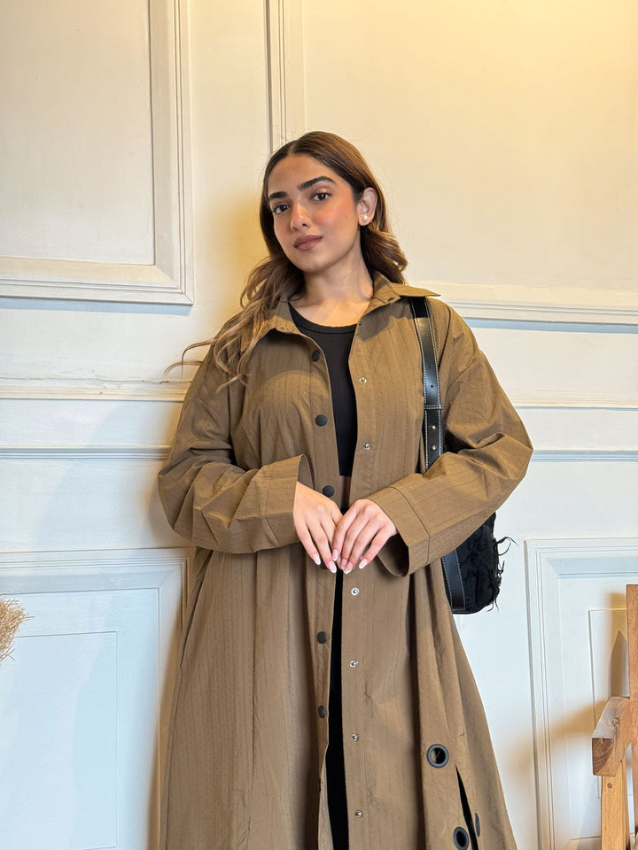 Brown Textured Eyelet Streetwear Trench Coat