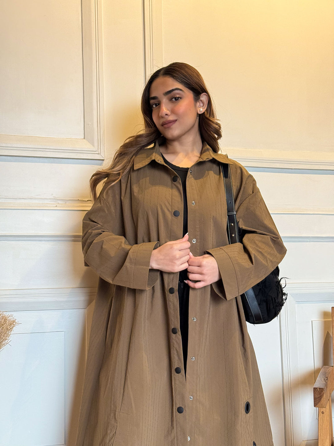 Brown Textured Eyelet Streetwear Trench Coat