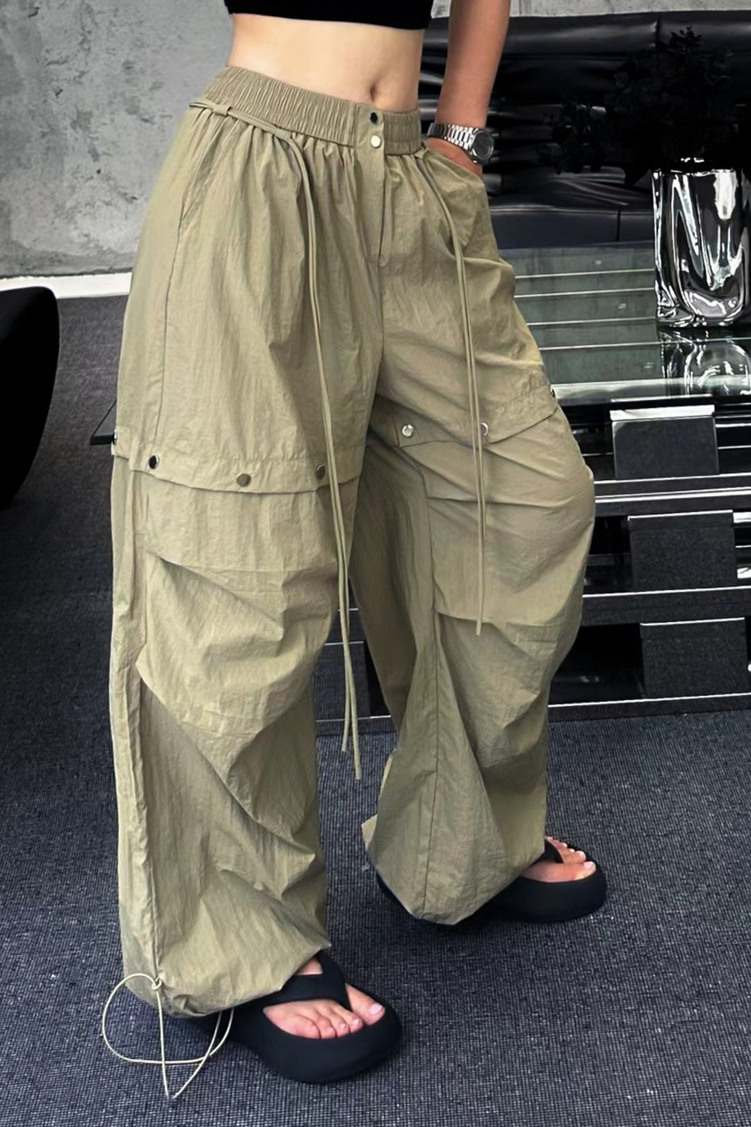 Beige Cargo Pants with Snap Buttons for Women