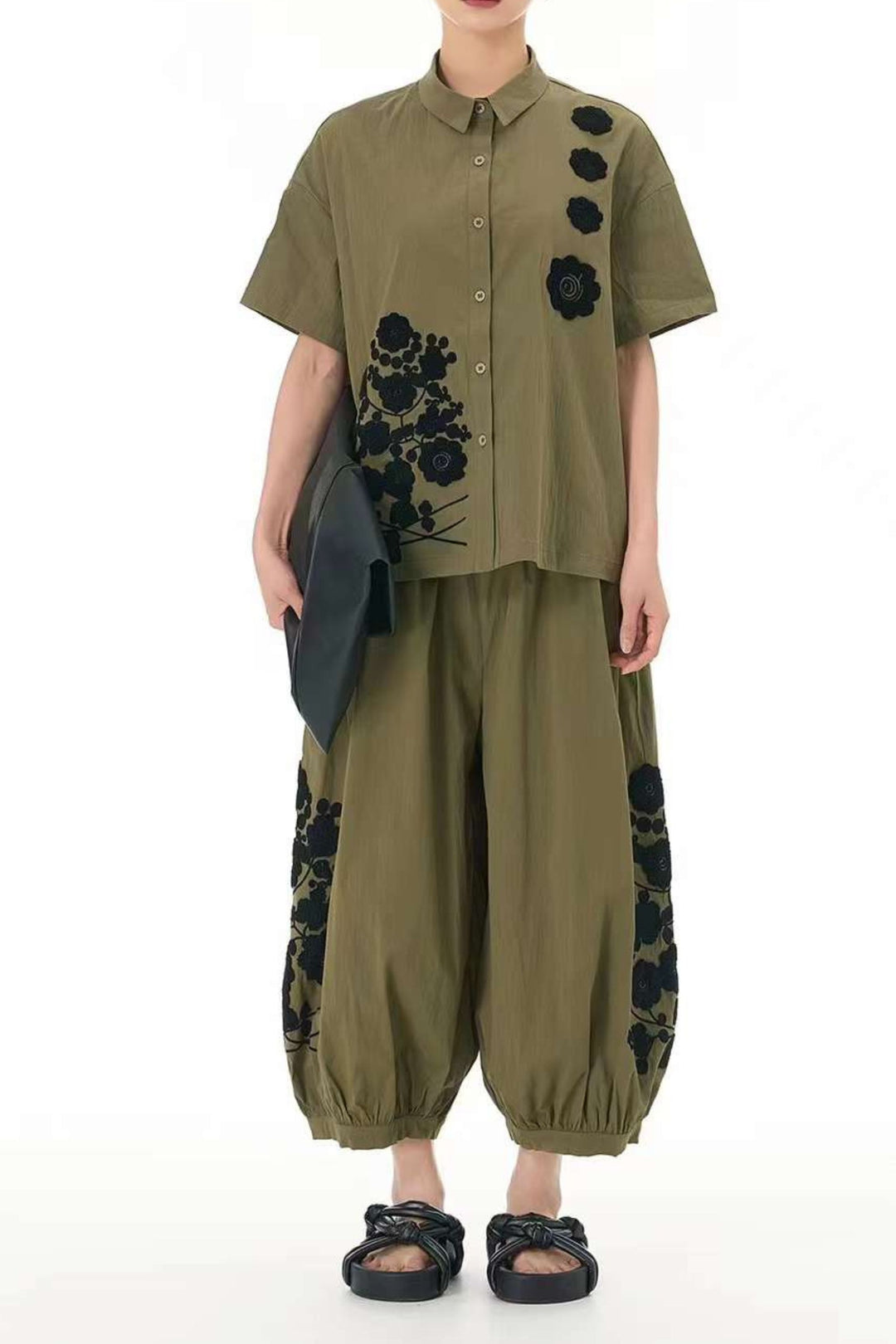 Olive Green embroidered linen coord set for summer