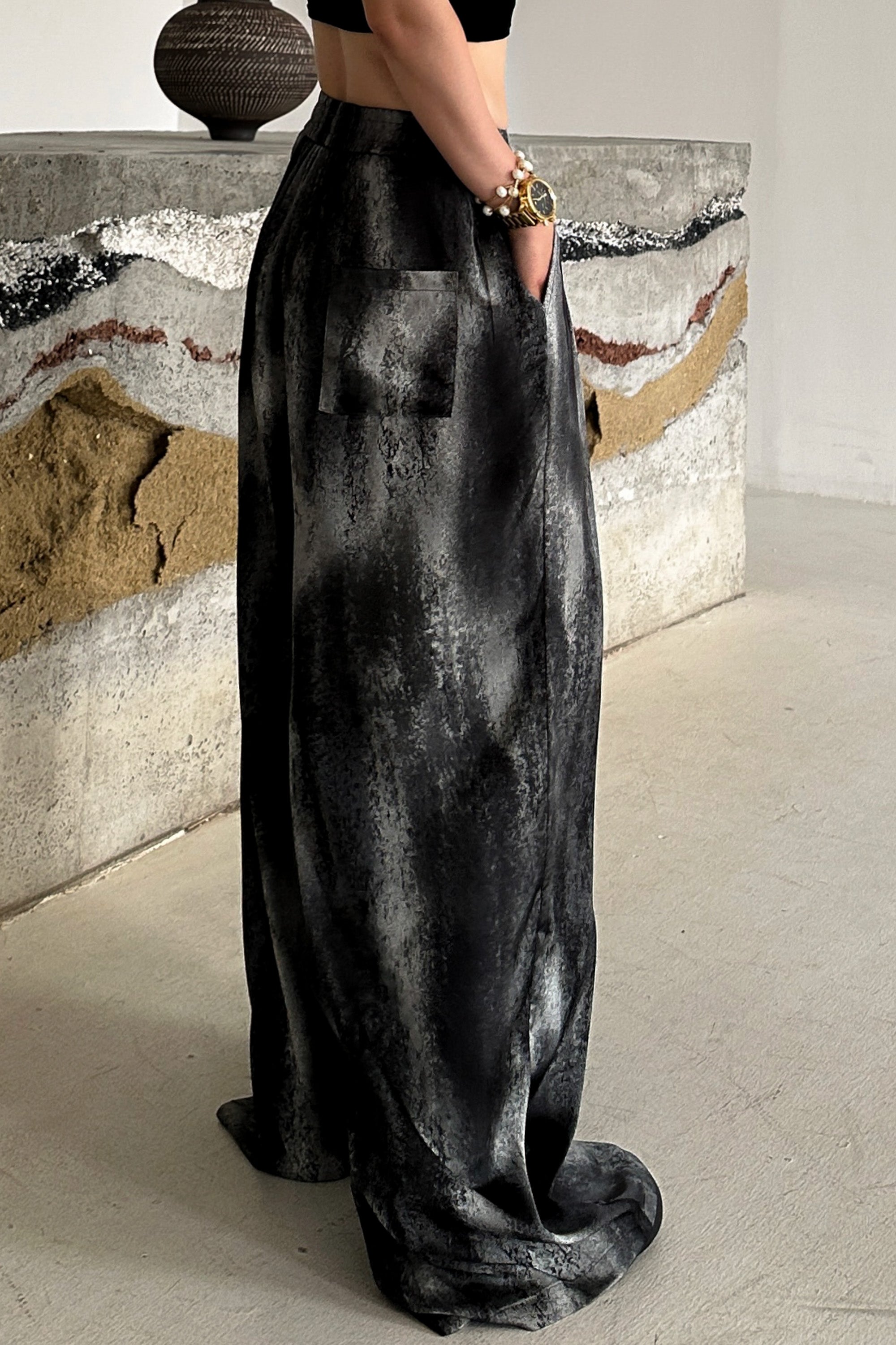 Grey And Black Tie Dye Satin Pants For Women – Nolabels