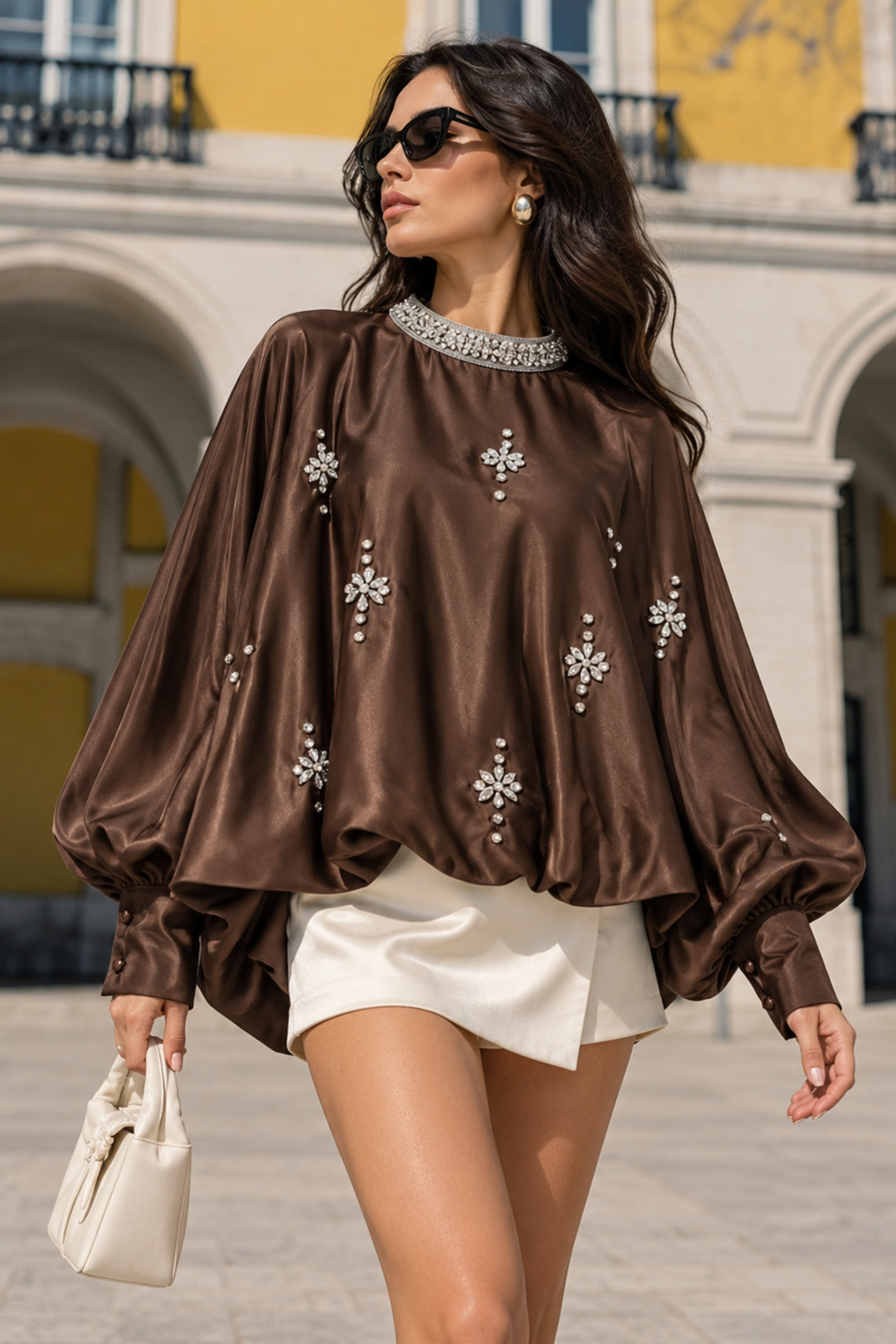   brown balloon sleeve top