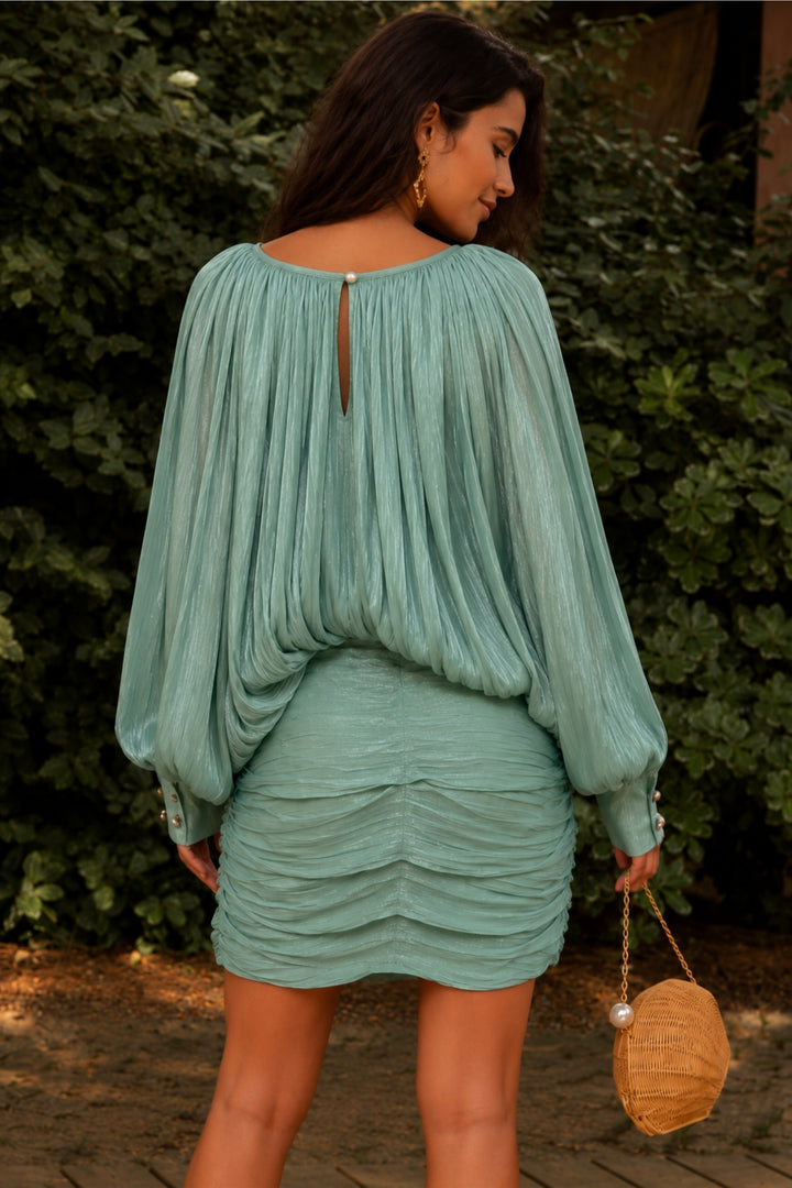 Mint Ruched Balloon Sleeve Dress
