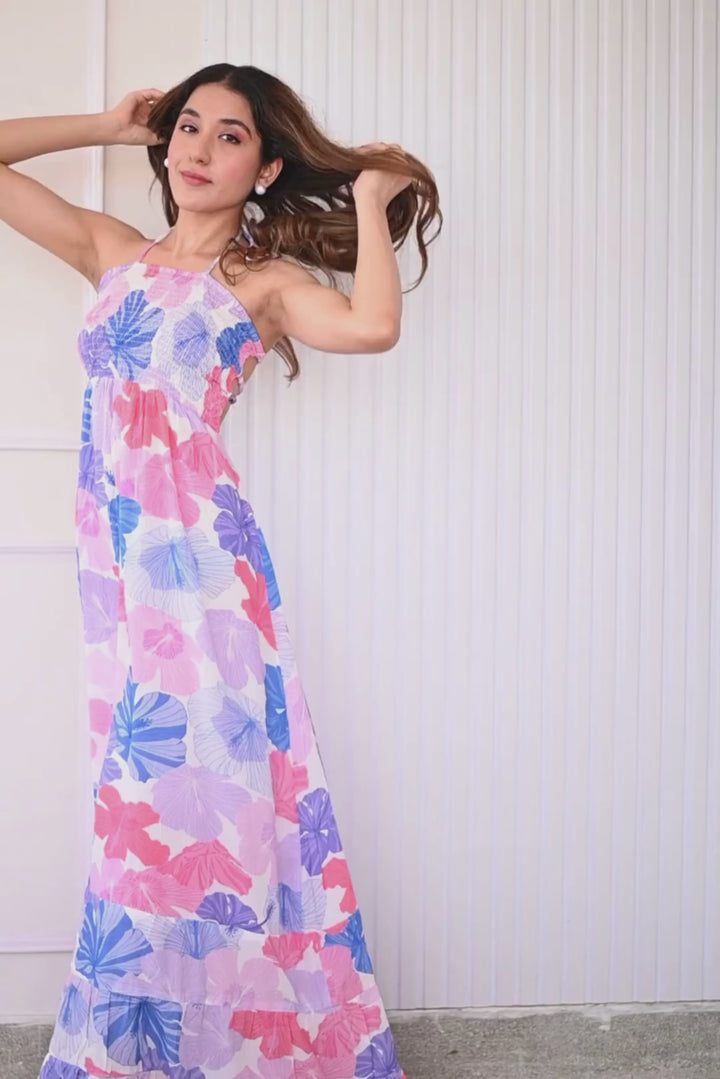Summer fashion pink and blue backless dress