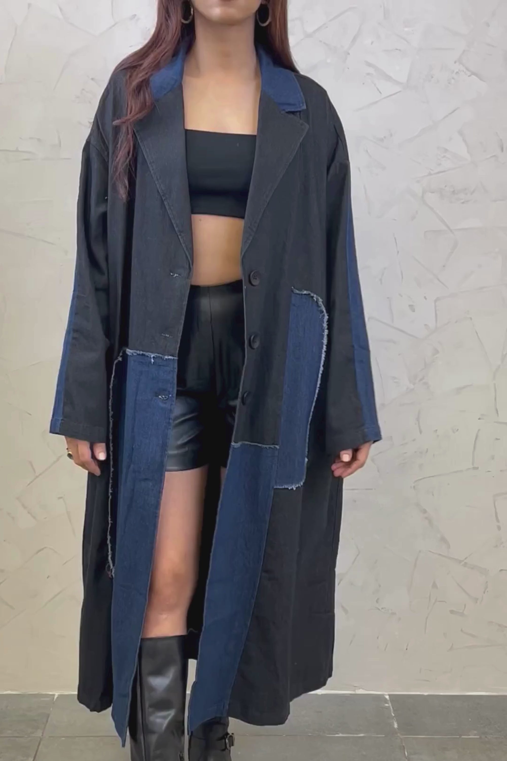 Shop Denim Long Trench Coat | Oversized Patchwork Long Coat – Nolabels