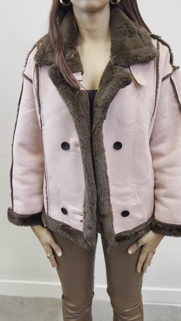 Pink Colored Jacket with Brown Fur For Cozy Feel