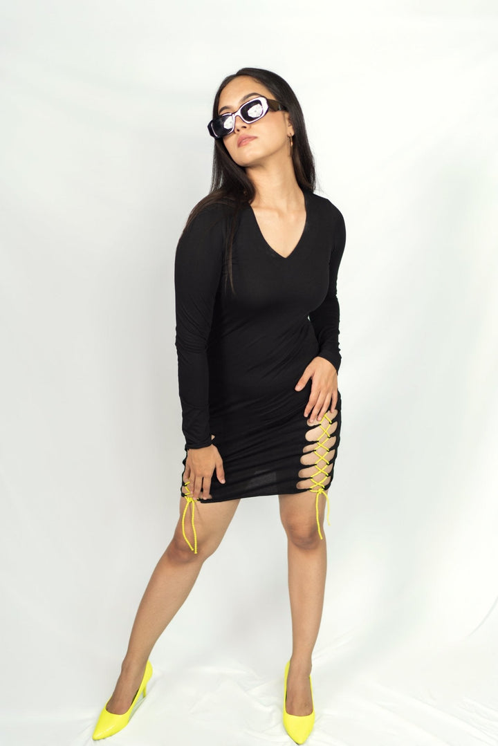 black ribbed knit dress with neon twist