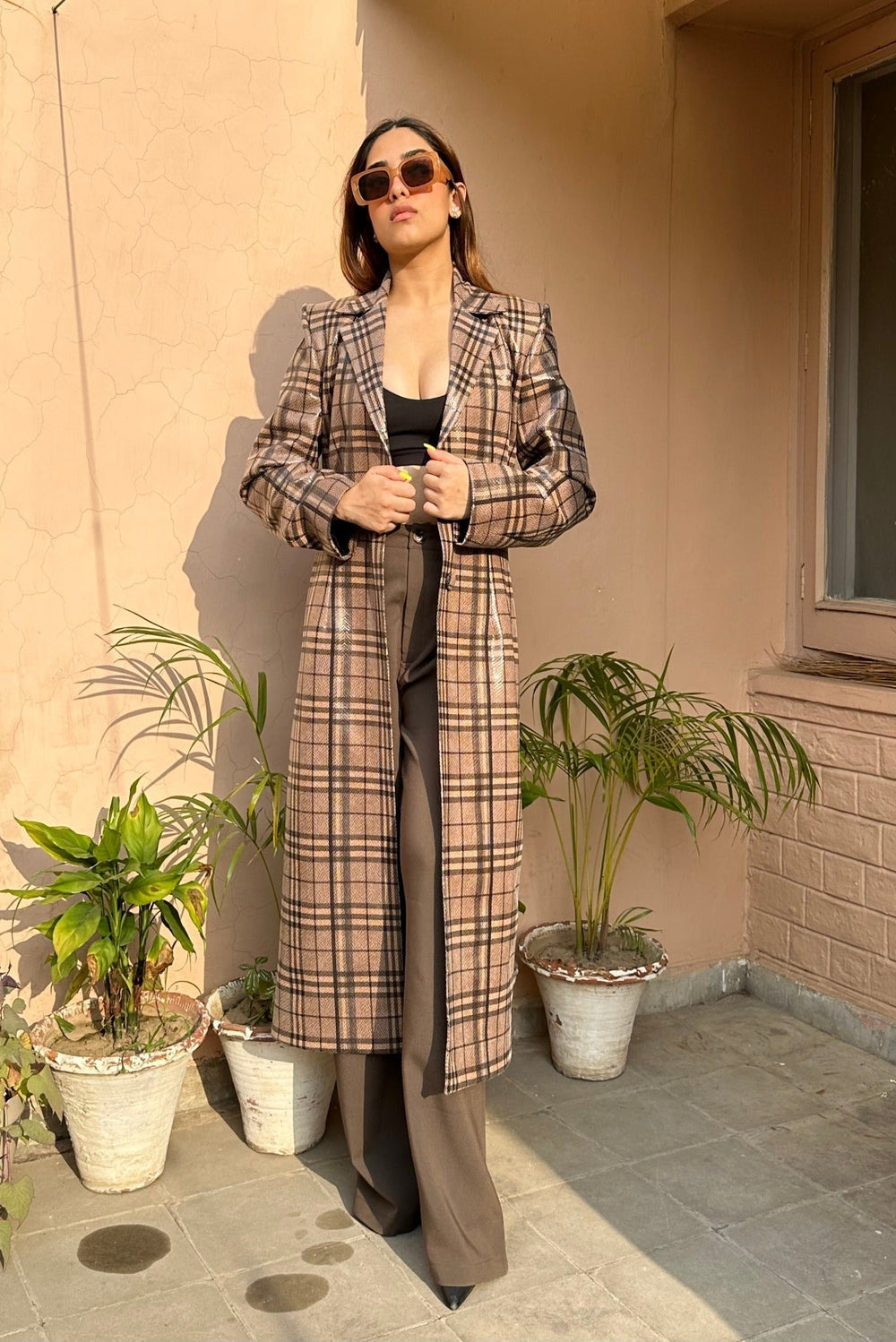 Checked Shimmer Suede Trench Coat Nolabels.in
