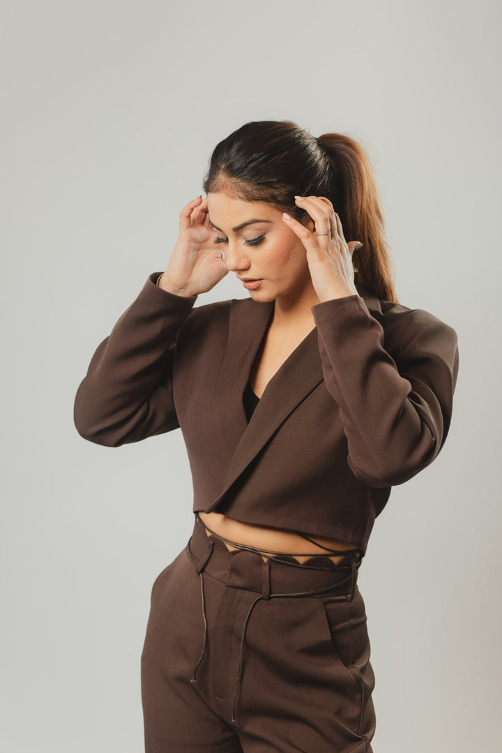 Cropped Blazer & Scallop Trousers Coord Set In Dark Brown Nolabels.in