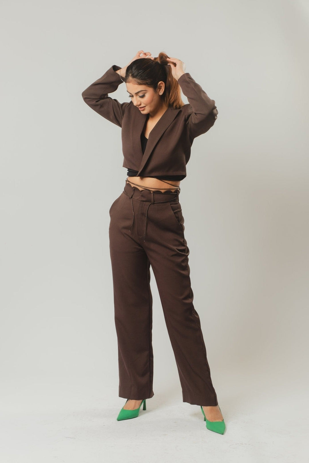 Cropped Blazer & Scallop Trousers Coord Set In Dark Brown Nolabels.in