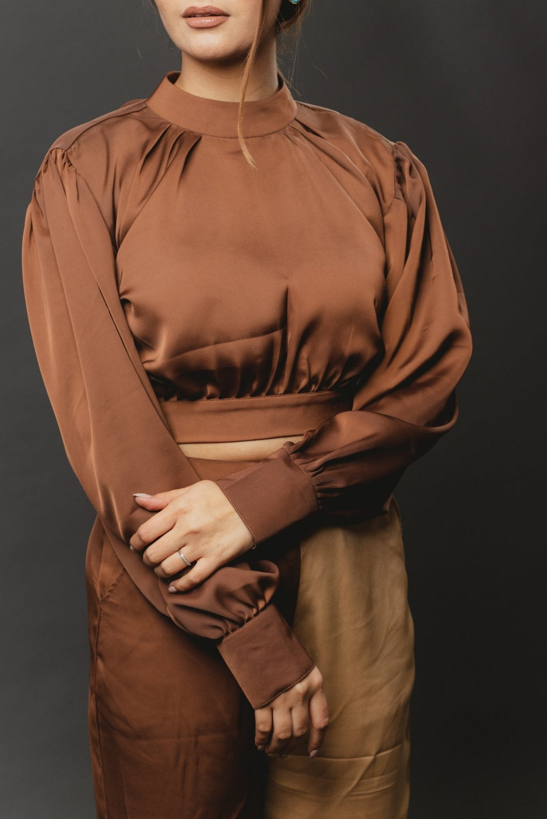 designer brown satin top with cuff sleeves