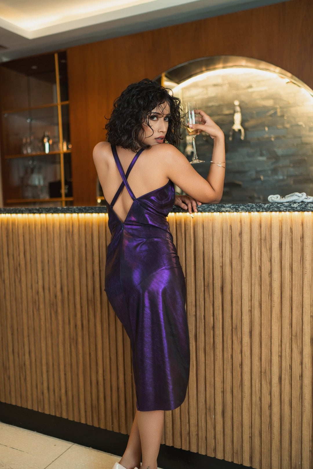 Purple Metallic Cowl Dress Nolabels.in