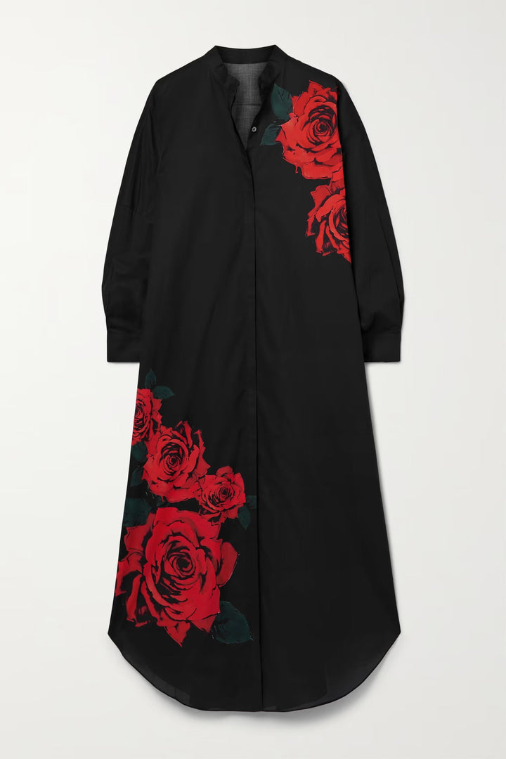 Red Rose Pattern Shirt Dress Nolabels.in