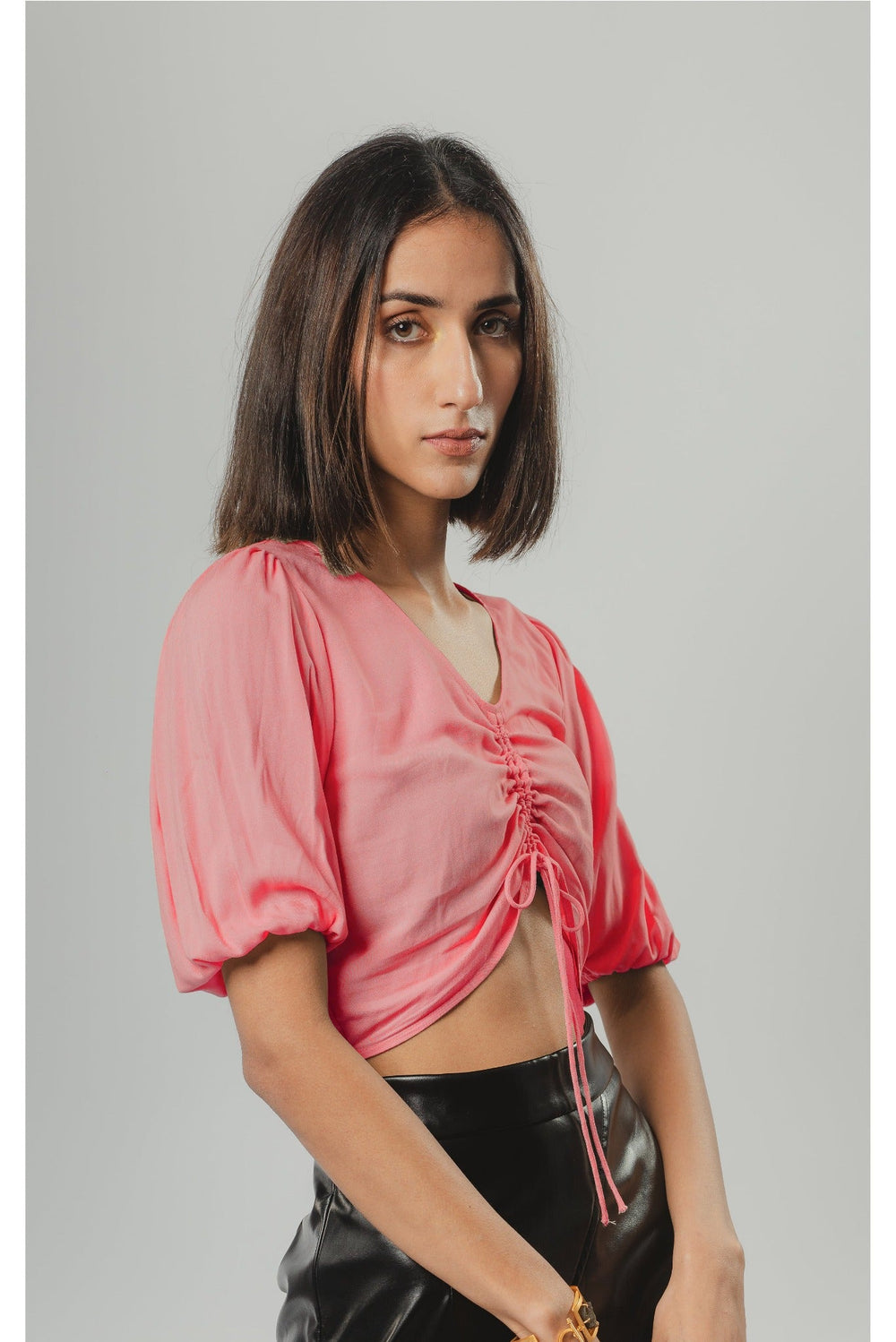 Ruched Puff Sleeve Crop Top In Pink Nolabels.in