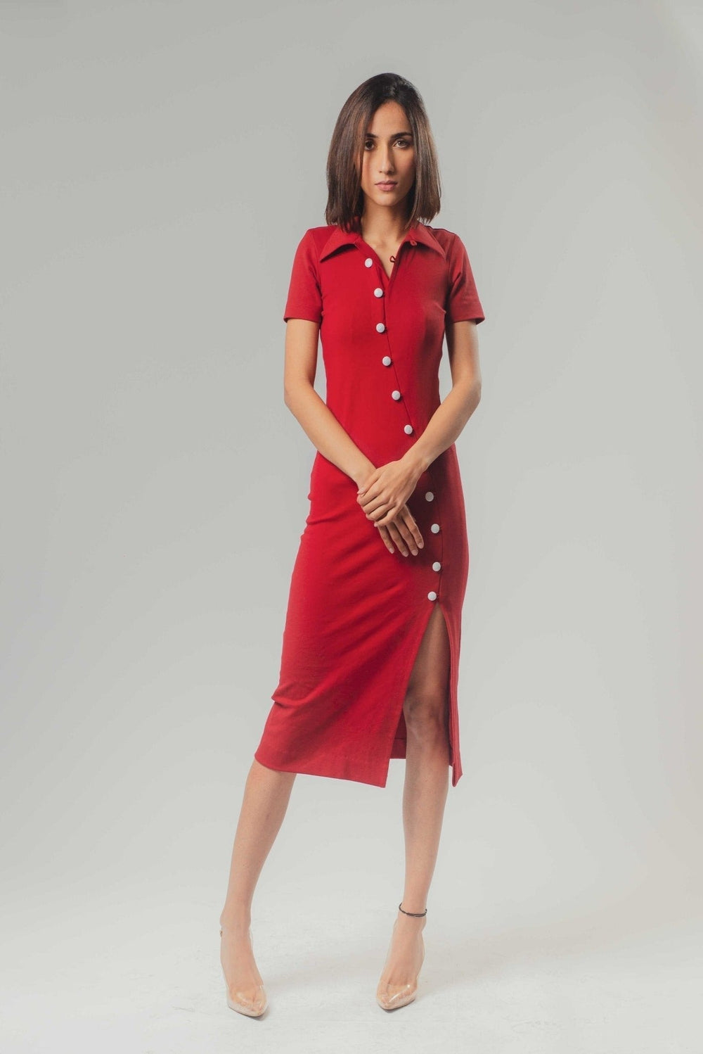 Short sleeve scarlet red dress with slit