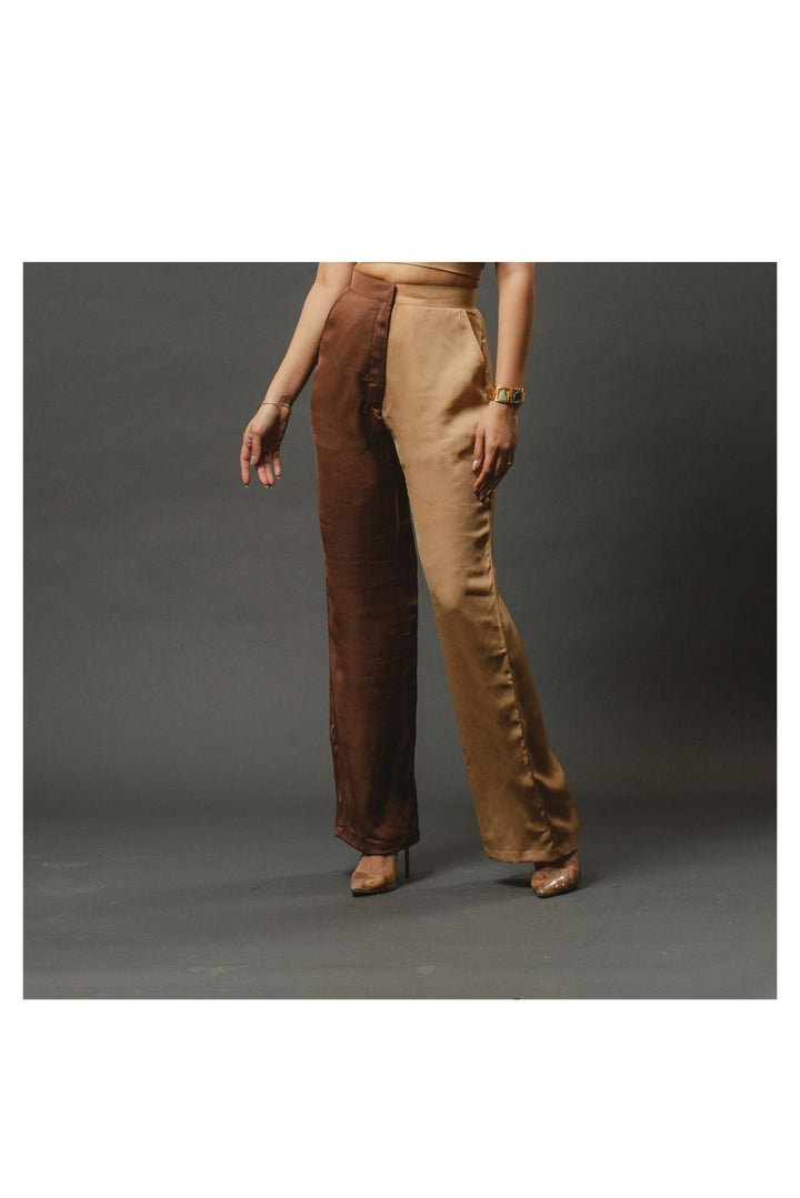 Spliced Two Tone Satin Pants in Brown and Beige Nolabels.in