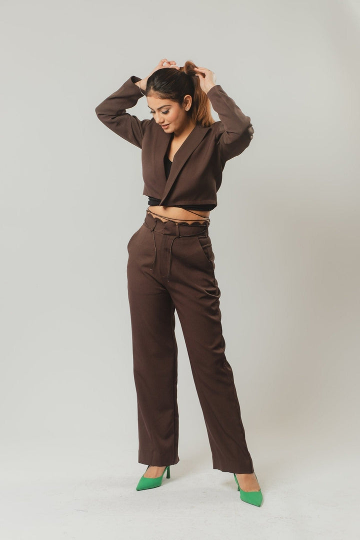 Strings Attached Cropped Blazer in Chocolate Brown Nolabels.in
