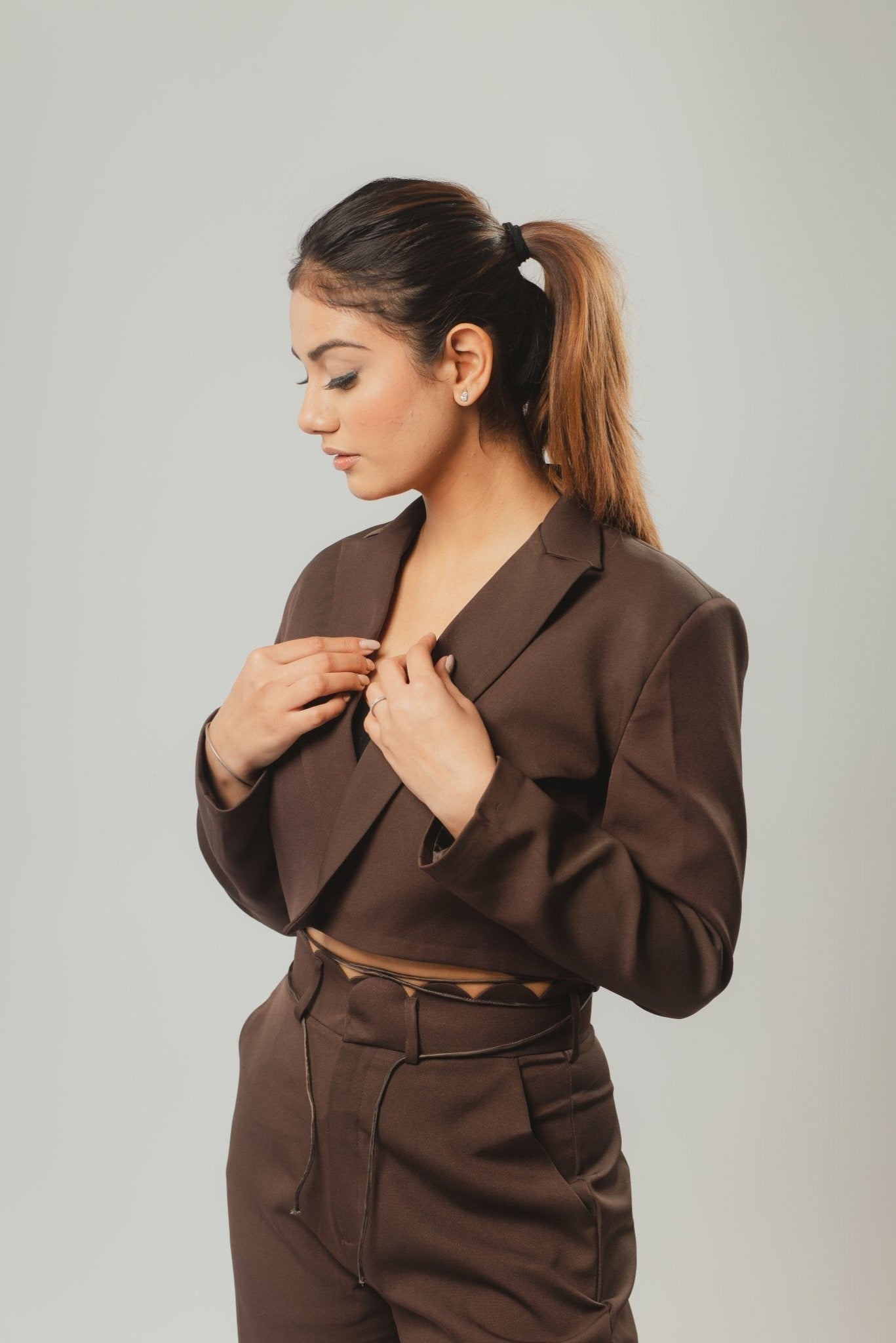 Madame Lapel Collar Chocolate Brown Crop Blazer | Buy SIZE XL Blazer Online  for | Glamly