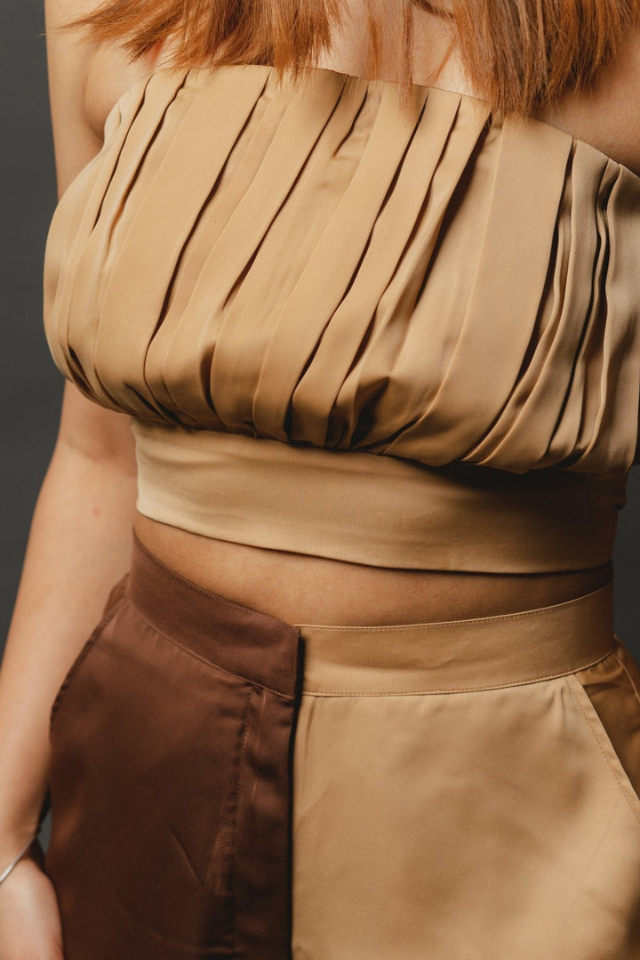 Two Tone Satin Coord Set In Brown & Beige Nolabels.in