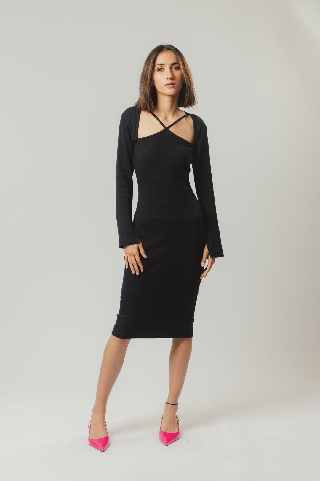 Midi party dress, fitted bodycon dress with a flared skirt